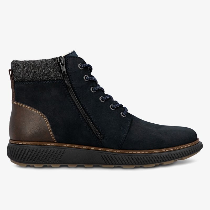 Schwarze Stiefelette mit seitlichem Reißverschluss und braunem Akzent, bequem und modern