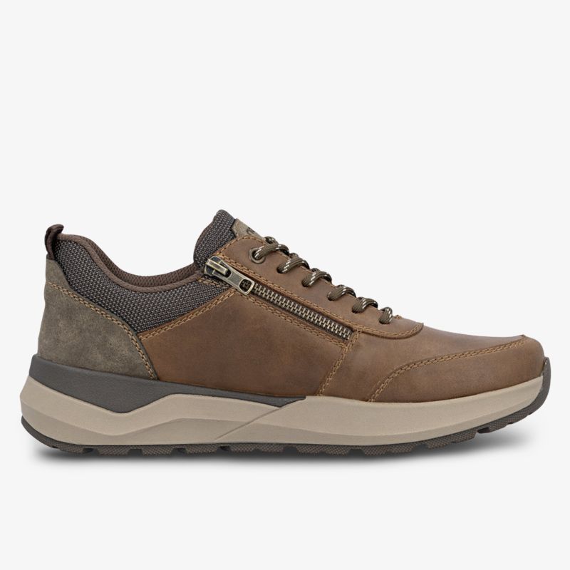Robuster Schuh aus braunem Leder mit seitlichem Reißverschluss und rutschfester Sohle, seitliche Ansicht