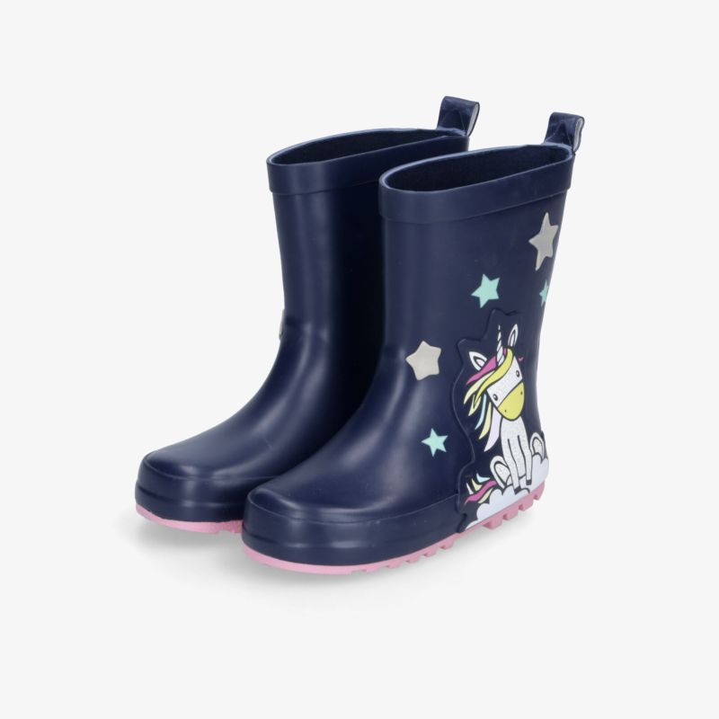 Blaues Paar wasserdichter Regenstiefel mit Einhorn und Sternen, robust und rutschfest für nasse Tage