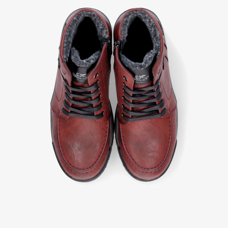 Rotes Paar Lederschuhe mit robuster Schnürung und bequemer Polsterung in klassischer Form, Draufsicht
