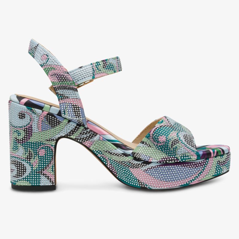 Moderner Plateau-Sandalette mit buntem Muster und stabilem Blockabsatz für hohen Tragekomfort