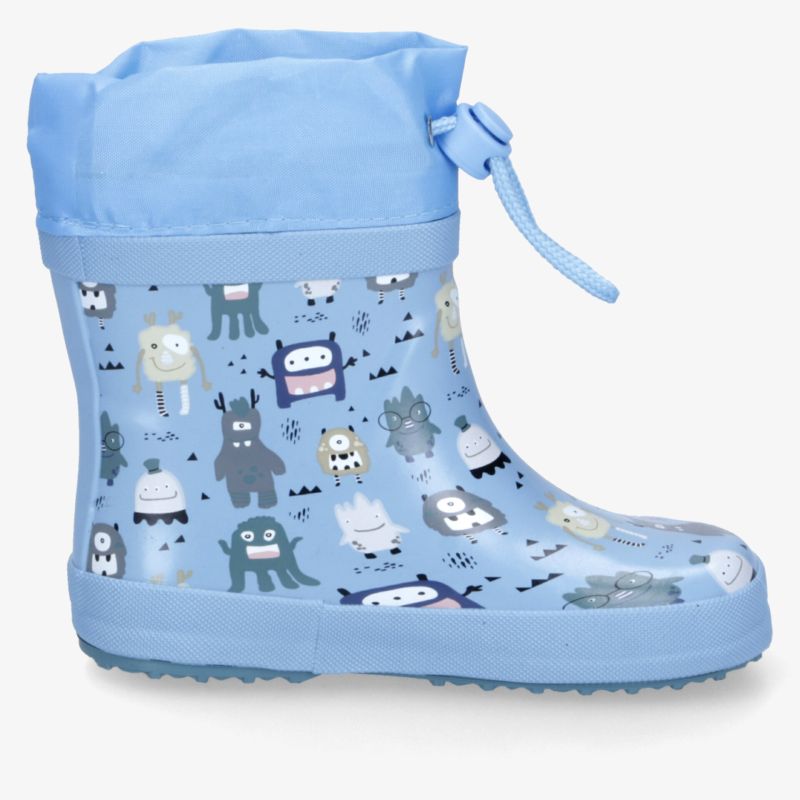 Blauer wasserdichter Kinderstiefel mit buntem Tiermuster, verstellbarem Verschluss und rutschfester Sohle für sicheren Halt