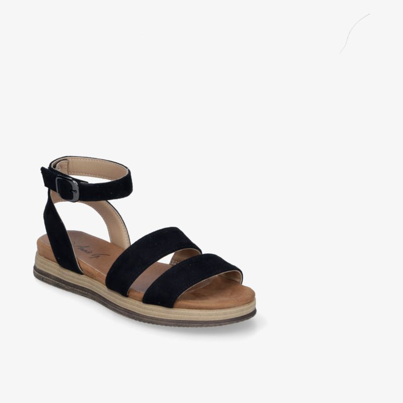 Elegante schwarze Sandale mit drei Riemen und verstellbarer Knöchelspange auf komfortabler Sohle.