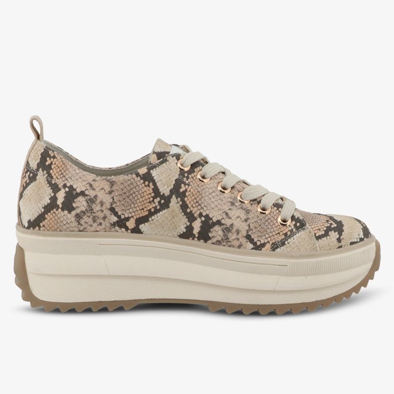 Moderner Schnürschuh mit auffälligem Snake-Print und dicker Plateausohle für hohen Tragekomfort