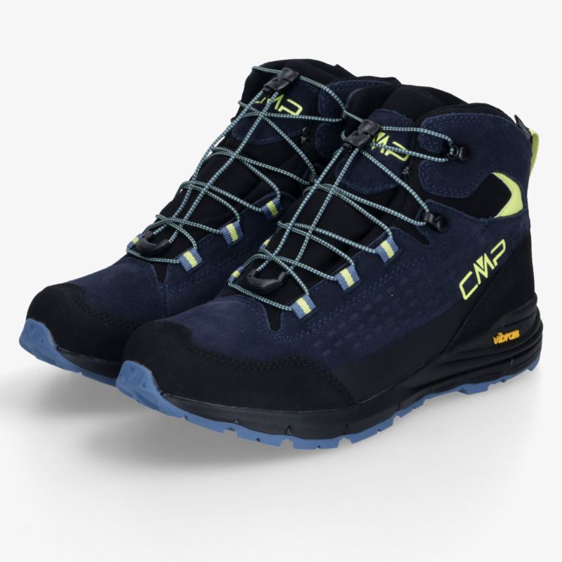 Blau-schwarze Wanderschuhe mit robuster Schnürung und rutschfester Vibram Sohle, bequem und stabil