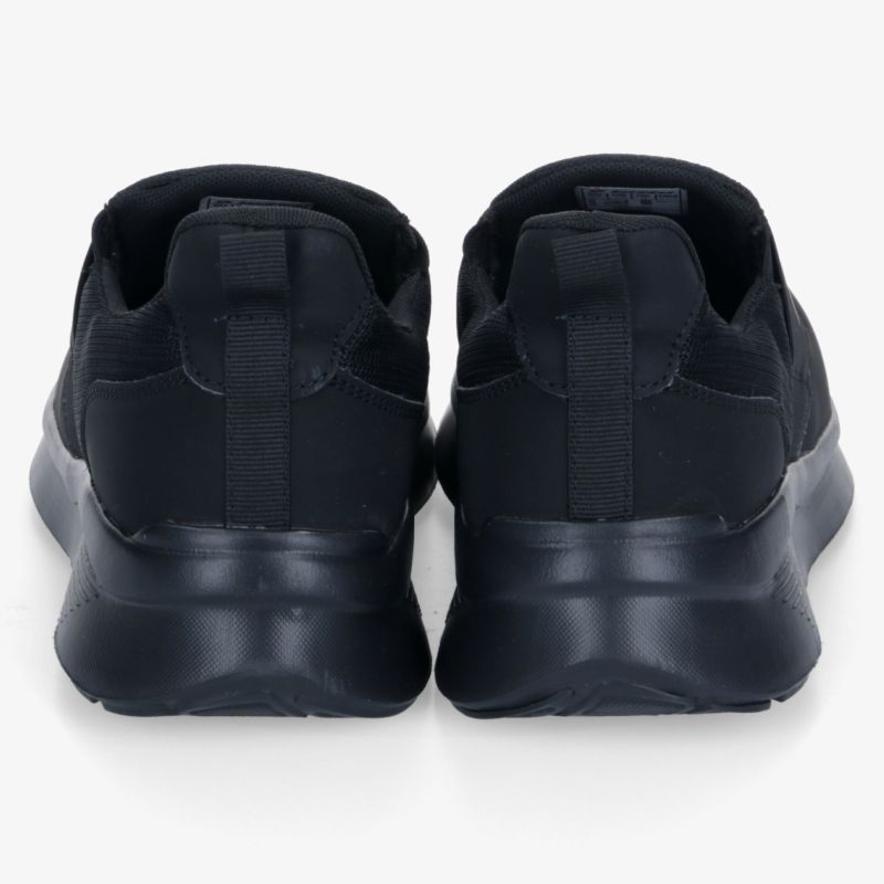 Paar schwarze Sneaker Rückansicht mit gepolstertem Schaft und robuster, rutschfester Sohle, ideal für Komfort und Alltagseinsatz