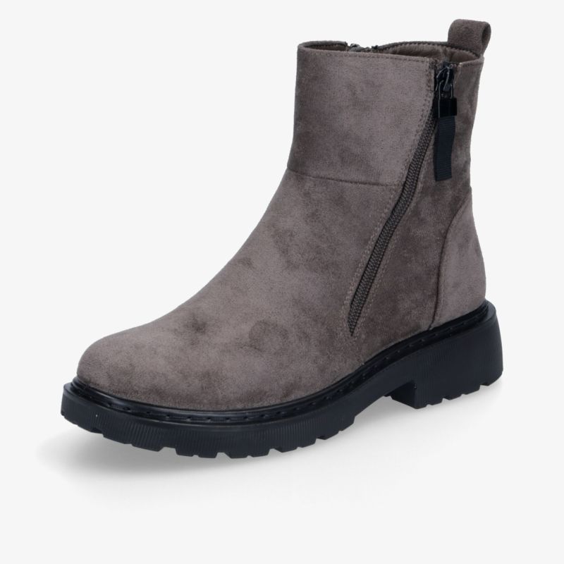 Stylische graue Stiefelette mit seitlichem Reißverschluss, robuster Sohle, ideal für bequeme Alltagslooks und Herbststyle.