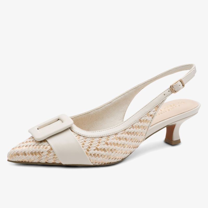 Eleganter Slingback Schuh mit spitz zulaufender Form und kleinem Absatz in beige mit dekorativer Schnalle