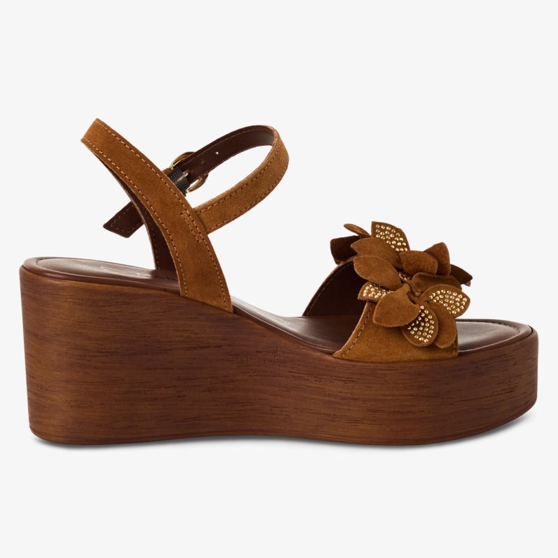 Braune Plateau-Wedge mit floralem Schmuck, komfortables Design und verstellbarem Riemen