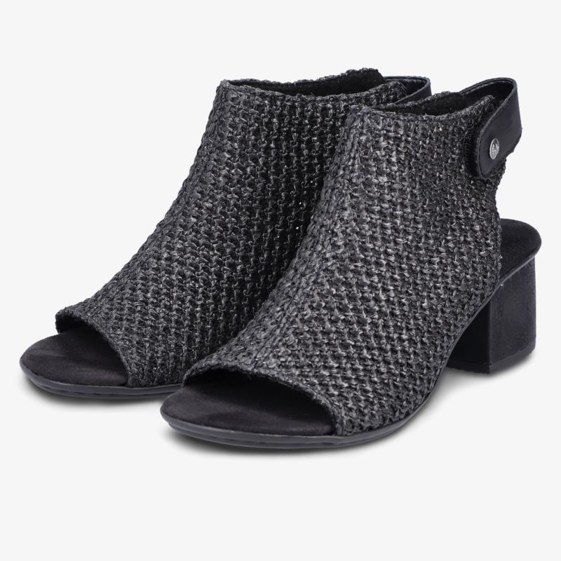 Modische schwarze Sandalen mit offener Zehe und geflochtener Optik, komfortabler Blockabsatz für Sommer