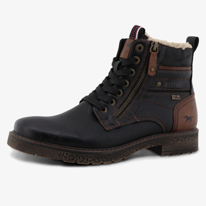 Robuster schwarzer Lederstiefel mit warmem Futter und praktischem Seitenreißverschluss, bequeme Schnürung für sicheren Halt