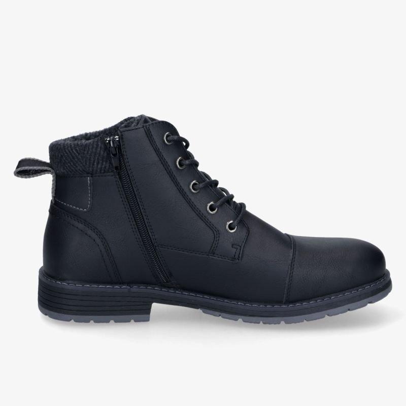 Schwarzer Stiefel aus Glattleder mit Reißverschluss und Schnürung, robuste Sohle, bequeme Passform