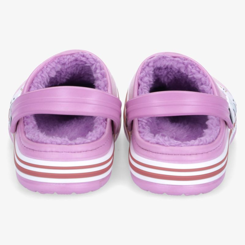 Rückansicht von gepolsterten lila Kinderschuhen mit praktischem Verschlussband und rutschfester Sohle