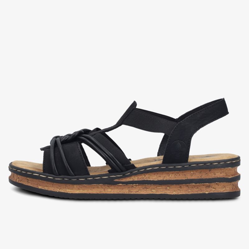 Schwarze Sandale mit elastischen Riemen, gepolstertem Fußbett und rutschfester Sohle für hohen Tragekomfort