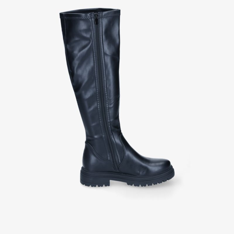 Hoher schwarzer Stiefel aus Leder mit stabiler Sohle und durchgehendem Reißverschluss, Seitenansicht