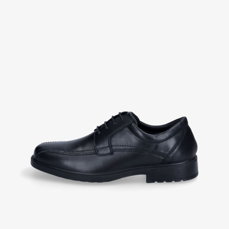 Eleganter schwarzer Lederschuh mit robuster Sohle und schnittigem Design für optimalen Komfort.