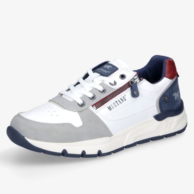 Sportlicher weißer Sneaker mit grauen und blauen Akzenten, atmungsaktiv und komfortabel mit rutschfester Sohle