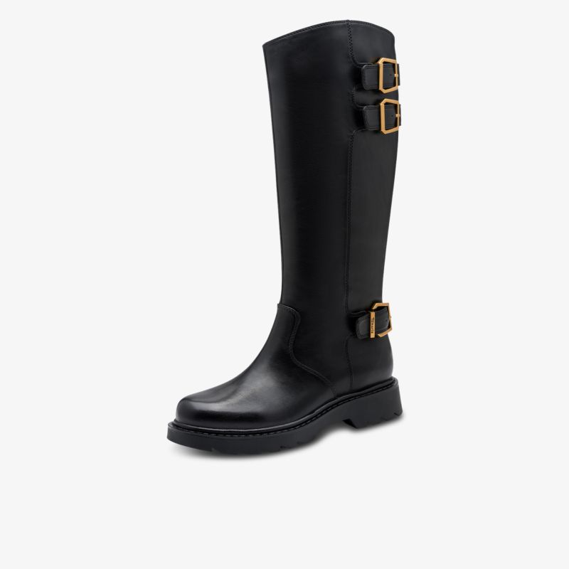 Eleganter schwarzer hoher Stiefel mit dekorativen Schnallen und robustem Blockabsatz, seitliche Ansicht