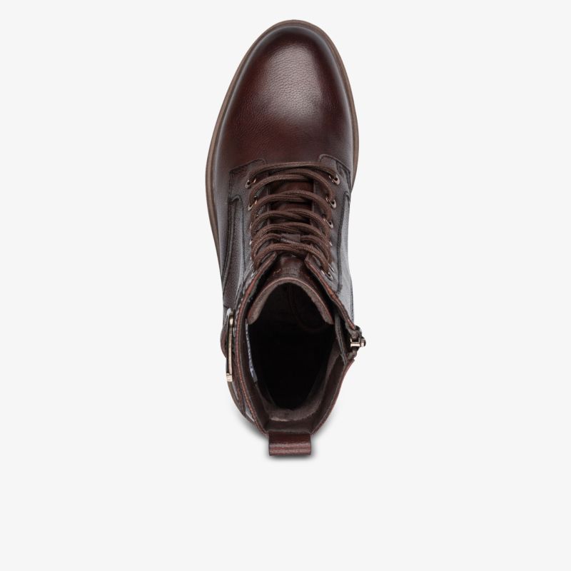 Brauner robuster Lederschnürstiefel mit praktischem Reißverschluss und bequemer Passform