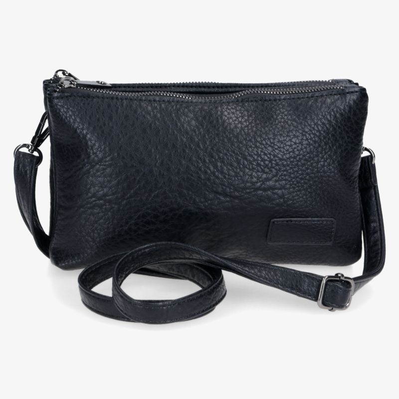 Schwarze kompakte Ledertasche mit Reißverschluss und verstellbarem Umhängeriemen, minimalistisches und robustes Design