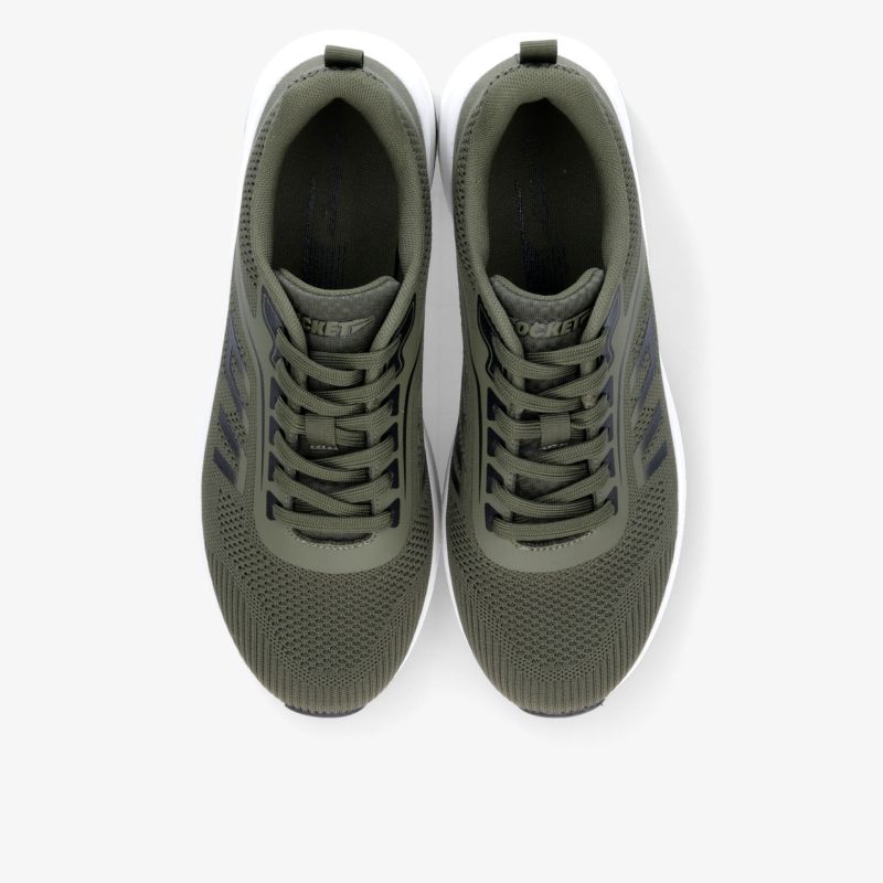 Olivefarbene Sportschuhe in Draufsicht mit atmungsaktivem Material, rutschfester Sohle und flexiblem Verschluss zu sehen