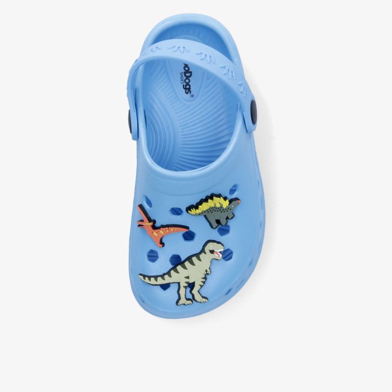 Leichter blauer Clog mit bunten Dinosaurier-Motiven, bequemer Sohlenstruktur und praktischem Riemen
