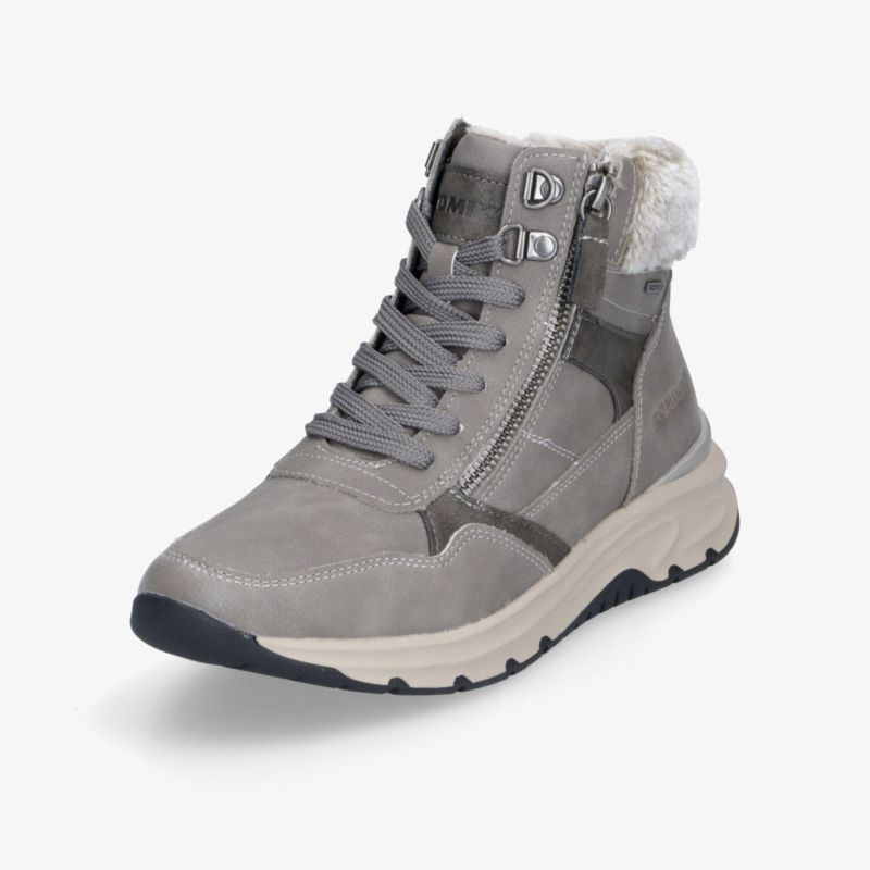 Grauer Sneaker mit warmem Fellfutter, seitlichem Reißverschluss und profilierter Sohle für optimalen Komfort