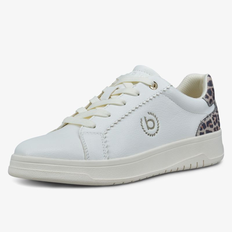 Weiße Sneaker mit stilvollem Leopardenmuster am Fersenbereich und robuster Sohle.