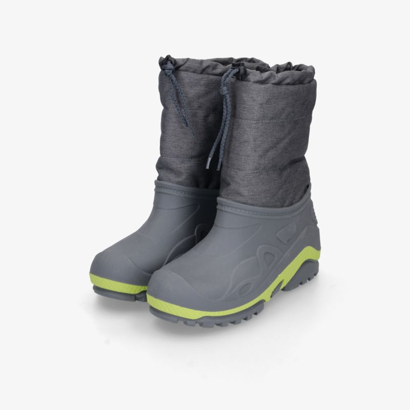 Wasserdichte graue Winterstiefel mit grünem Profil, warm gefüttert und rutschfester Sohle für sicheren Halt