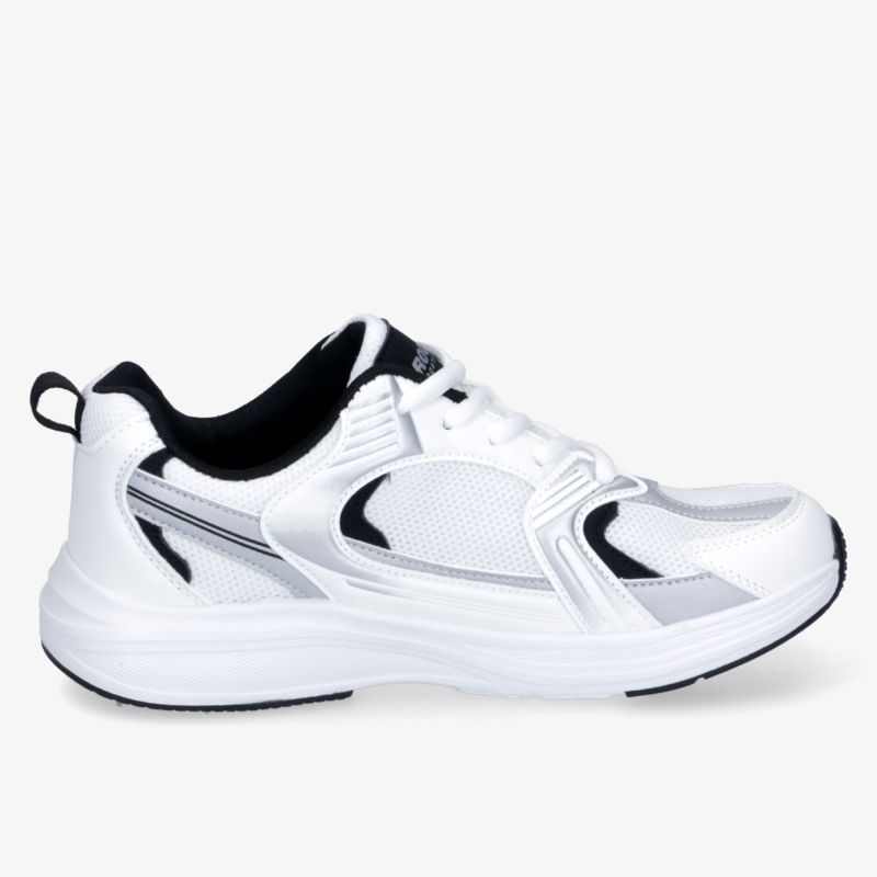 Weißer leichter Laufschuh mit atmungsaktivem Material und stoßdämpfender Sohle zeigt ergonomisches und flexibles Design