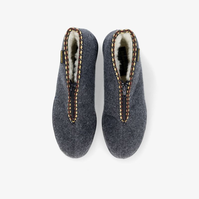 Graue Filzpantoffeln mit weichem Innenfutter und robustem Design für optimalen Komfort und Wärme.