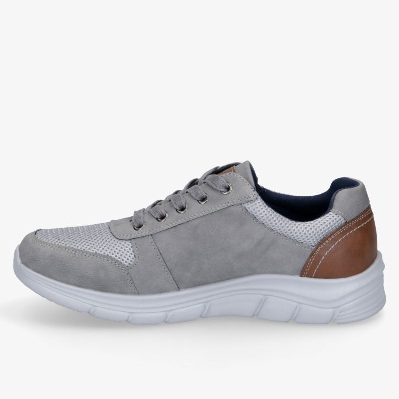 Grauer Sneaker mit weißer Sohle und braunen Akzenten, ideal für Alltag und Freizeit.