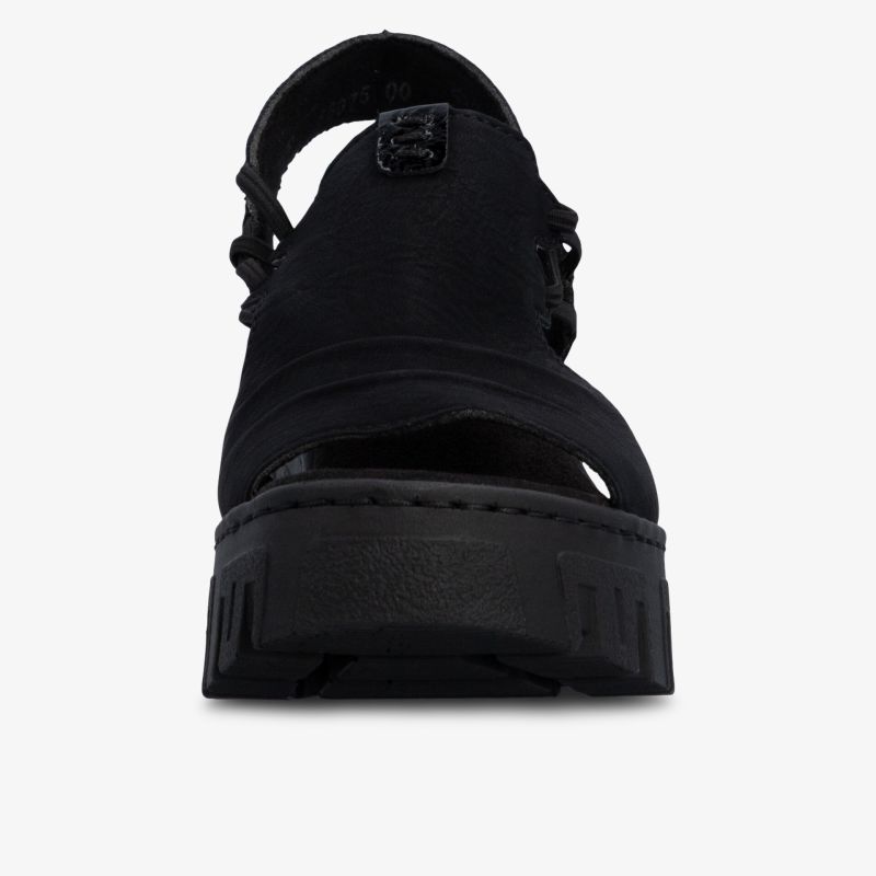 Robuster schwarzer Schuh mit verstellbarem Riemen und bequemer Sohle frontale Ansicht