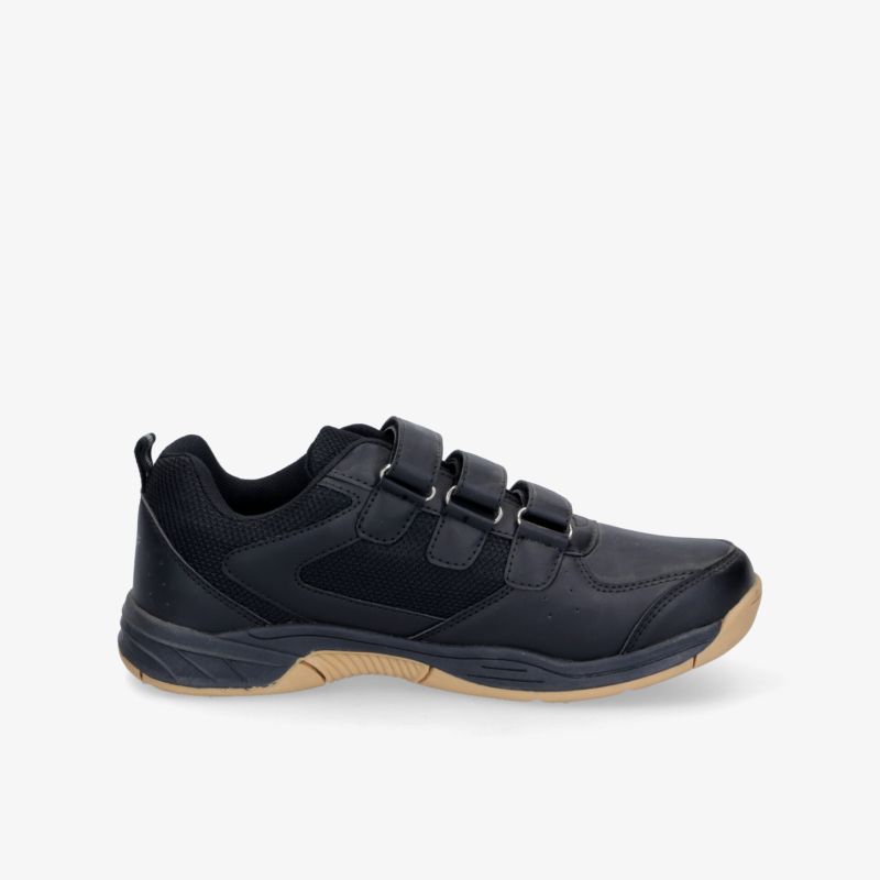 Schwarzer sportlicher Schuh mit verstellbaren Klettschnallen, robust und komfortabel, seitliche Ansicht