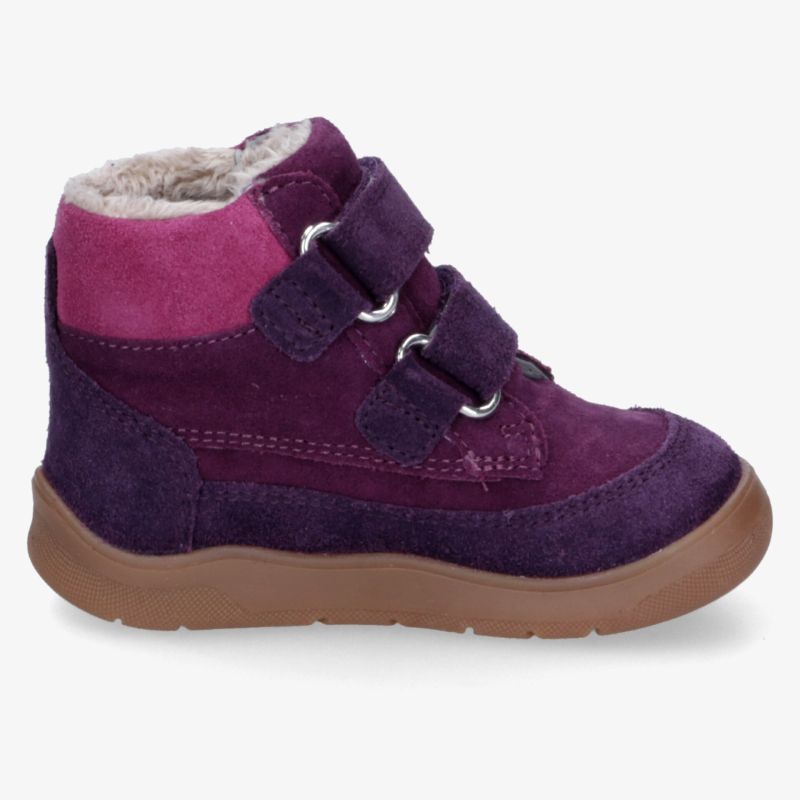 Kinderschuh mit warm gefütterter Innenseite, verstellbaren Klettverschlüssen und rutschfester Gummisohle in lila Tönen