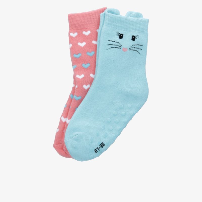 Bunte Kindersocken mit Katzen und Herzmotiven, weiches Material und rutschfeste Noppen für sicheren Halt