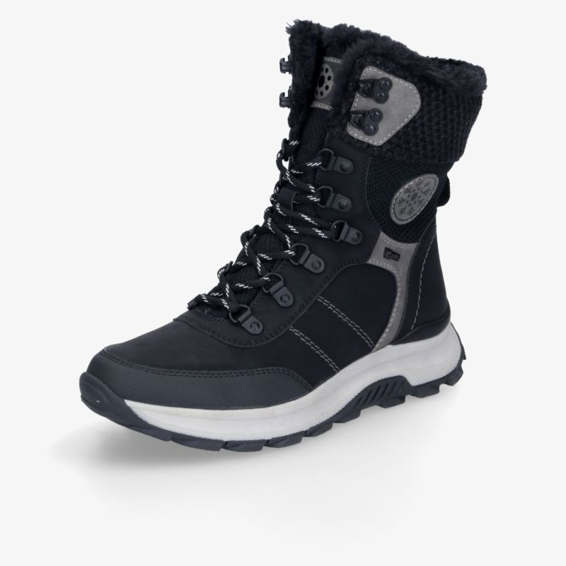 Schwarzer Winterstiefel mit hohem Schaft, warmer Innenfutter, stabiler Sohle und schnürbarem Verschluss