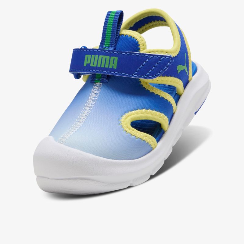 Bequemer Kinder-Sandalen-Schuh mit Klettverschluss und rutschfester Sohle in blau-gelb