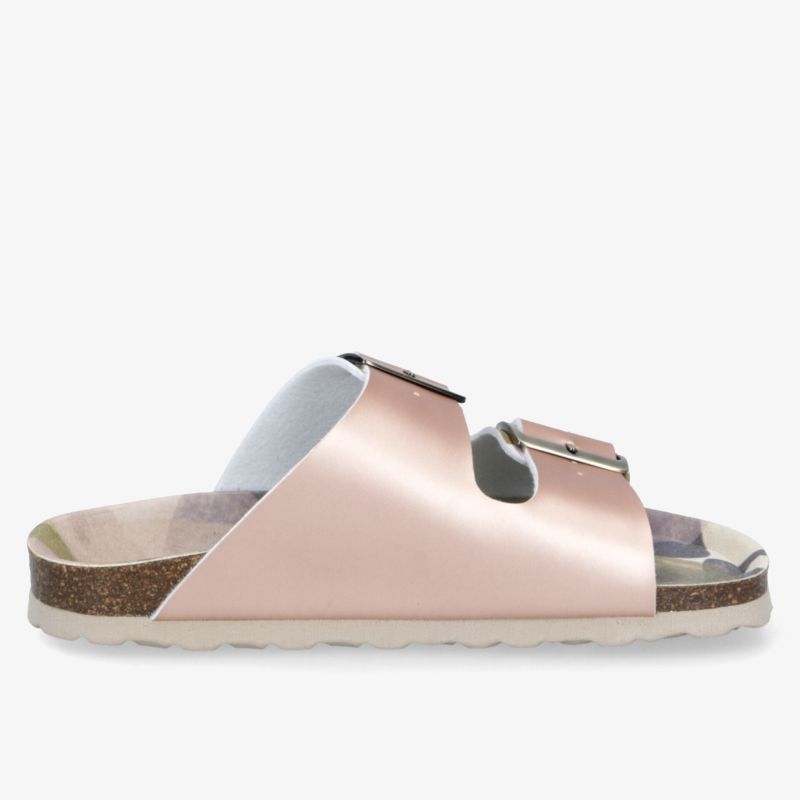 Seitenansicht einer komfortablen rosa Sandale mit verstellbaren Schnallen und weicher ergonomischer Sohle