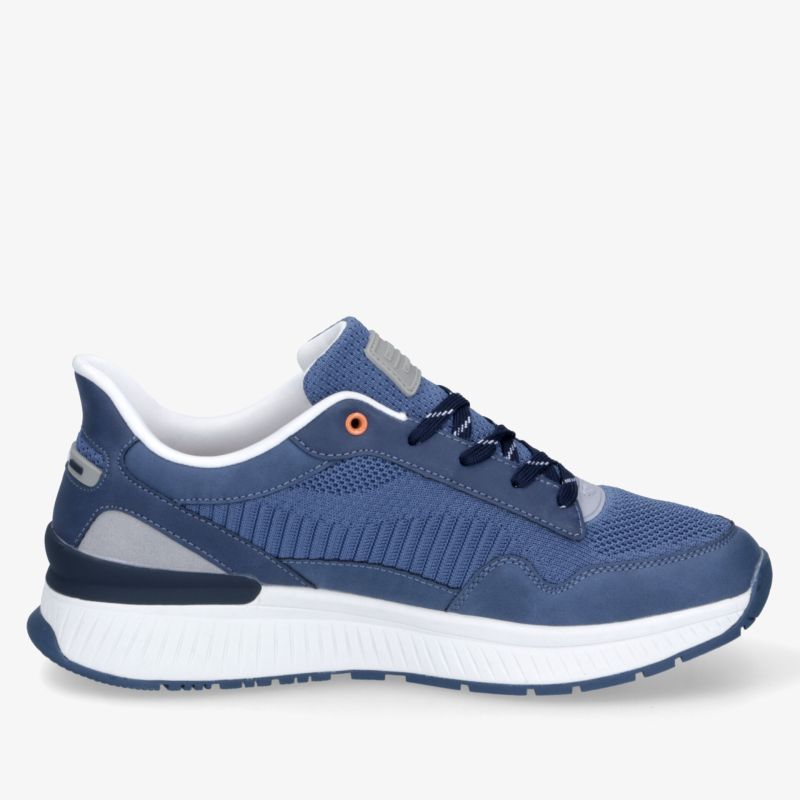 Moderner blauer Sneaker seitlich mit atmungsaktivem Material und robuster, gepolsterter Sohle
