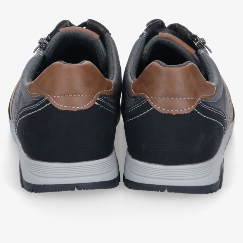 Rückansicht robust gestalteter Schuhe mit gepolstertem Kragen und rutschfester Sohle in Blau und Braun