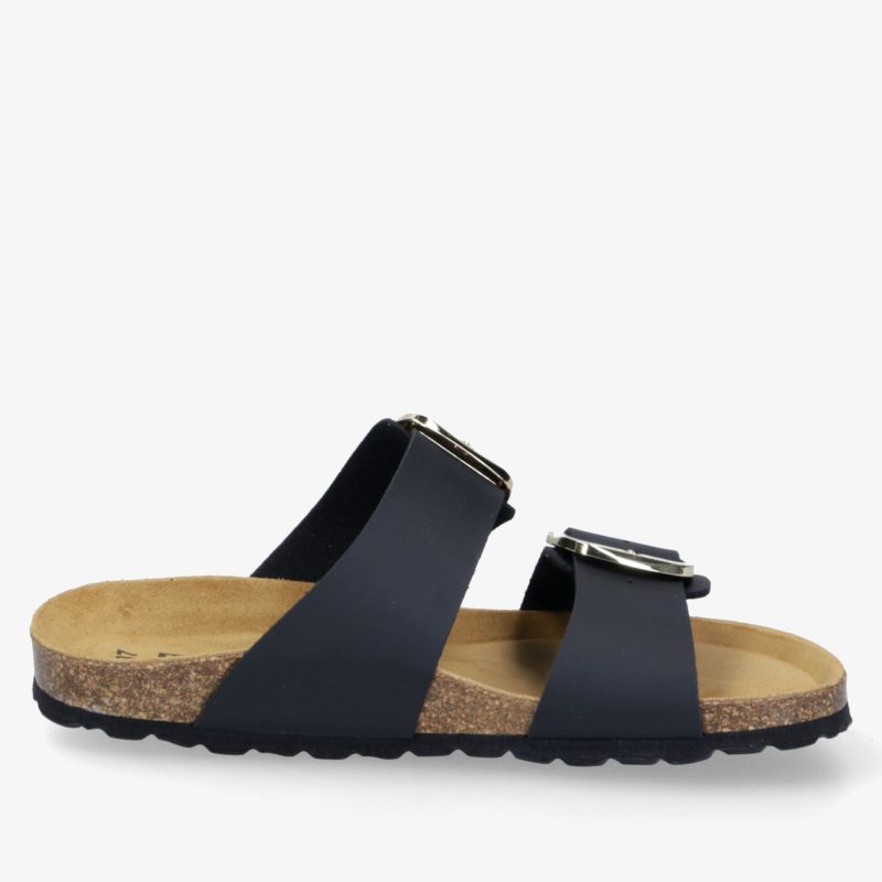 Komfortabler schwarzer Sandalenschuh mit verstellbaren Schnallen und weichem, ergonomischem Fußbett seitlich