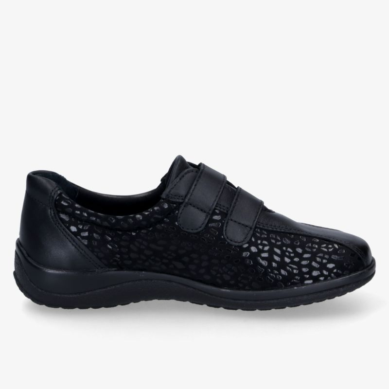 Schwarzer, bequemer Schuh mit atmungsaktivem Material und verstellbaren Klettverschlüssen, flexible Sohle