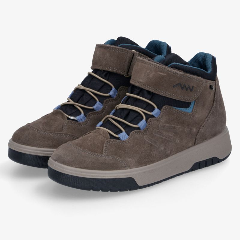 Bequemes Paar grauer Freizeitschuhe mit blauem Innenfutter, Klettverschluss und rutschfester Sohle für optimalen Halt.