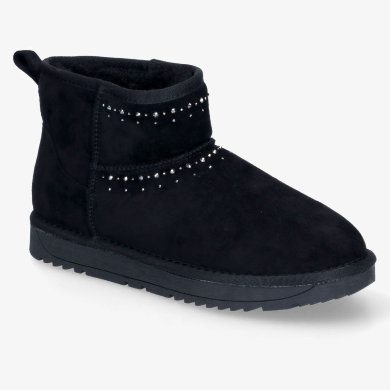 Schwarzer warmer Winterstiefel mit weichem Material und modischer Steinchenverzierung, rutschfeste Sohle für sicheren Halt