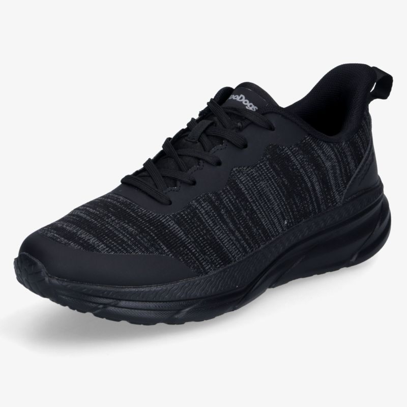 Schwarzer sportlicher Sneaker mit leichter, atmungsaktiver Oberfläche und bequemer Passform, 3-4 Ansicht
