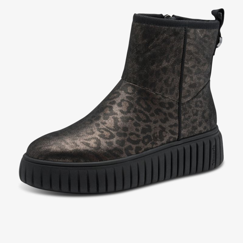 Modischer, leichter Stiefel mit Leopard-Print und robuster, profilierter schwarzer Sohle für hohen Tragekomfort