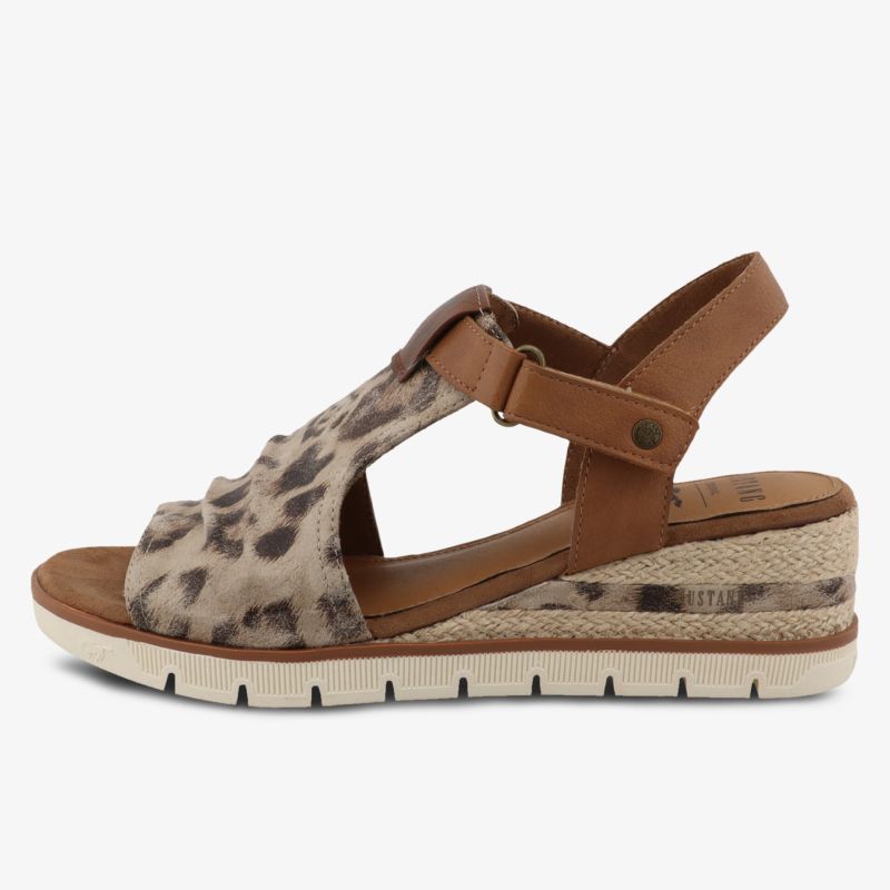 Bequeme Sandale mit gepolsterter Sohle, modischem Leo-Muster und verstellbarem Riemen auf elegantem Keilabsatz