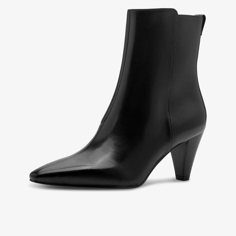 Elegante schwarze Stiefelette aus glattem Leder mit spitz zulaufender Form und mittelhohem Absatz