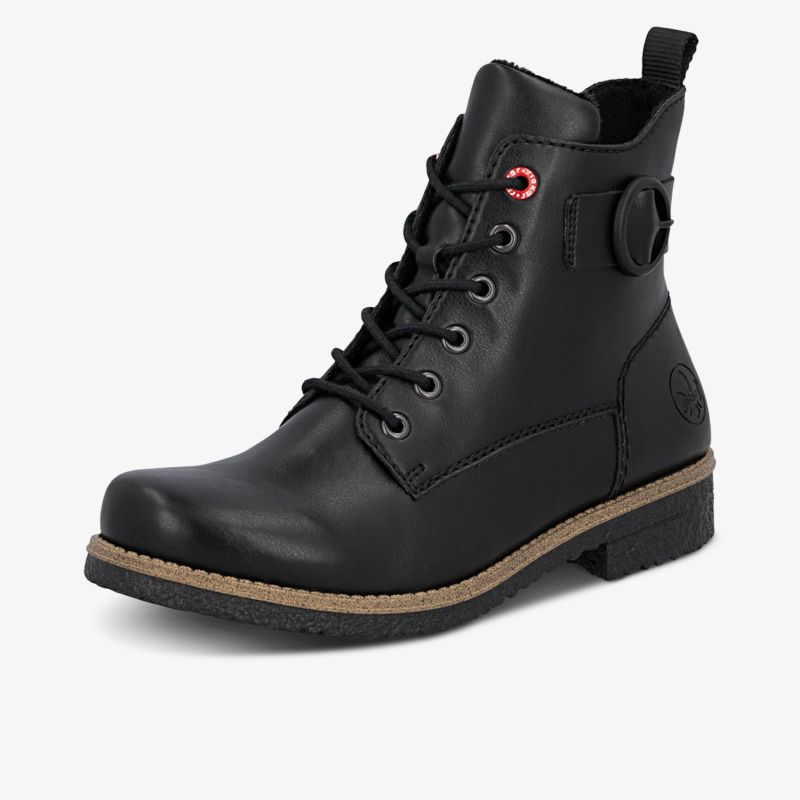 Robuster schwarzer Leder Schnürstiefel mit dekorativer Schnalle, stabiler Gummisohle und komfortablem Design